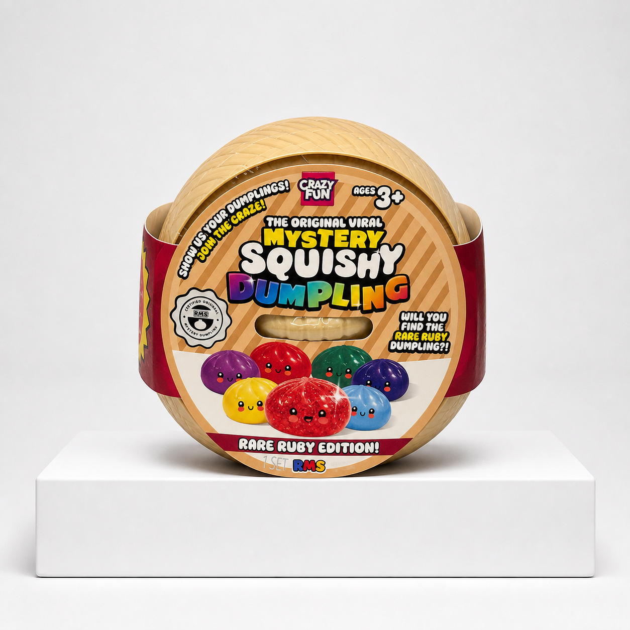 Crazy Fun Mystery Dumpling Rare Ruby Edition blind box on the Squish Planet studio pedestal