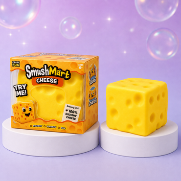 Crazy Fun Smush Mart Cheese box with faceless yellow cheese block squishy toy.