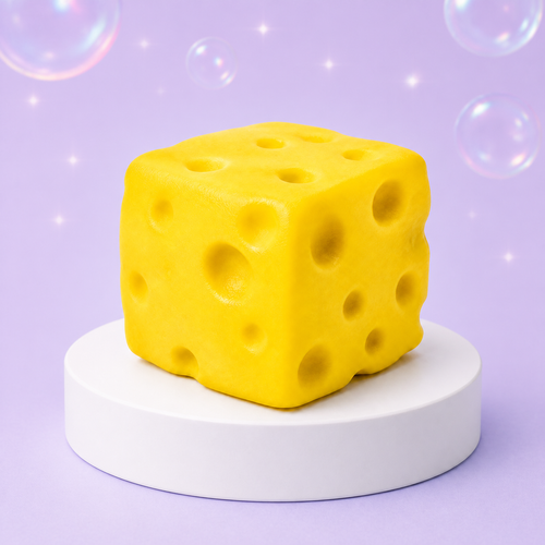 Crazy Fun Smush Mart faceless yellow cheese block squishy toy.