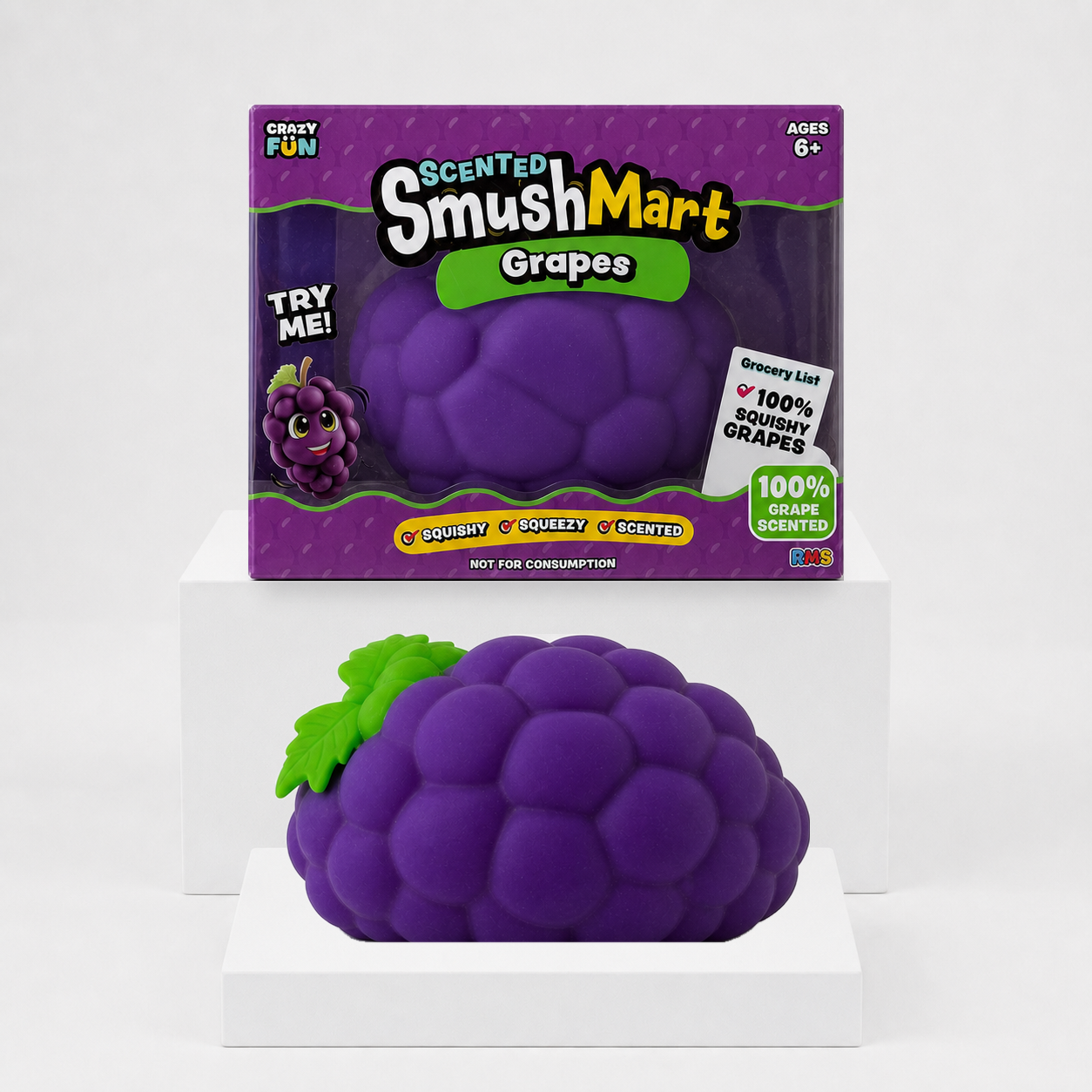 Crazy Fun Smush Mart Grape squishy and retail package on white studio slabs