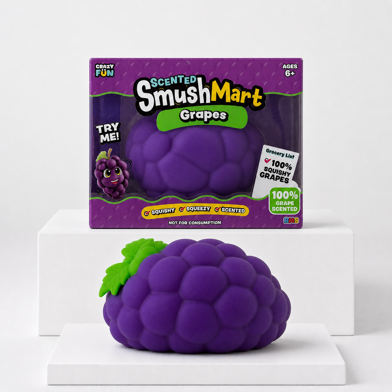 Purple Crazy Fun Smush Mart grape squishy on a white podium