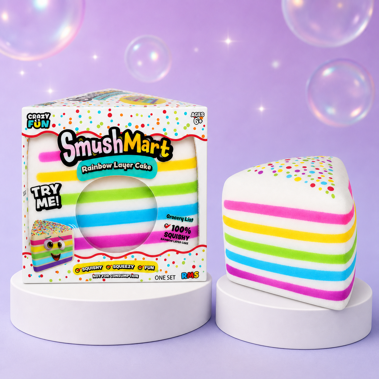 Crazy Fun Smush Mart Rainbow Layer Cake box with faceless striped squishy toy.