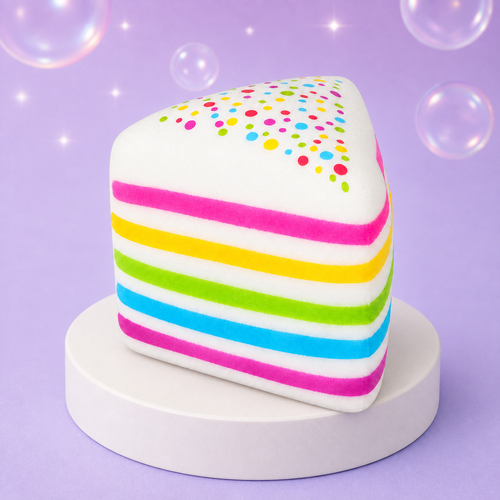 Crazy Fun Smush Mart faceless rainbow layer cake squishy toy.