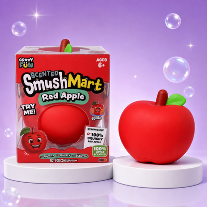 Crazy Fun Smush Mart Red Apple box with faceless red apple squishy