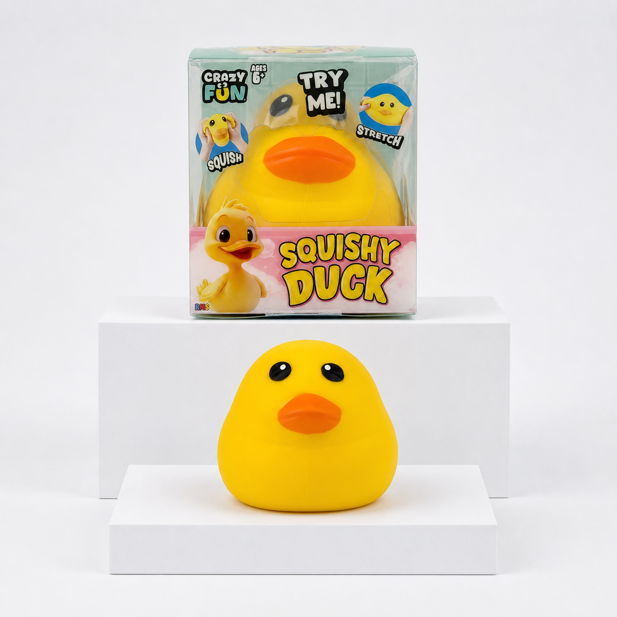 Crazy Fun Squishy Duck retail package and yellow squishy duck toy