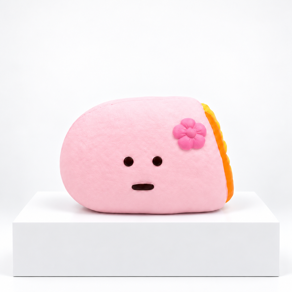 Pink Dudo crepe-shaped character with flower, unboxed angled view