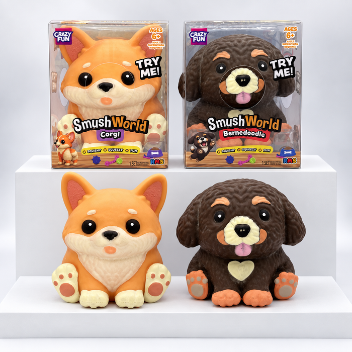 Orange and brown Smush World dog squishies with labeled boxes