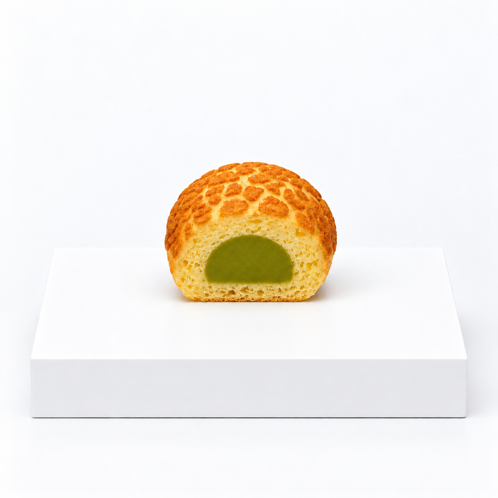Cut-open bread-shaped squishy showing a green center