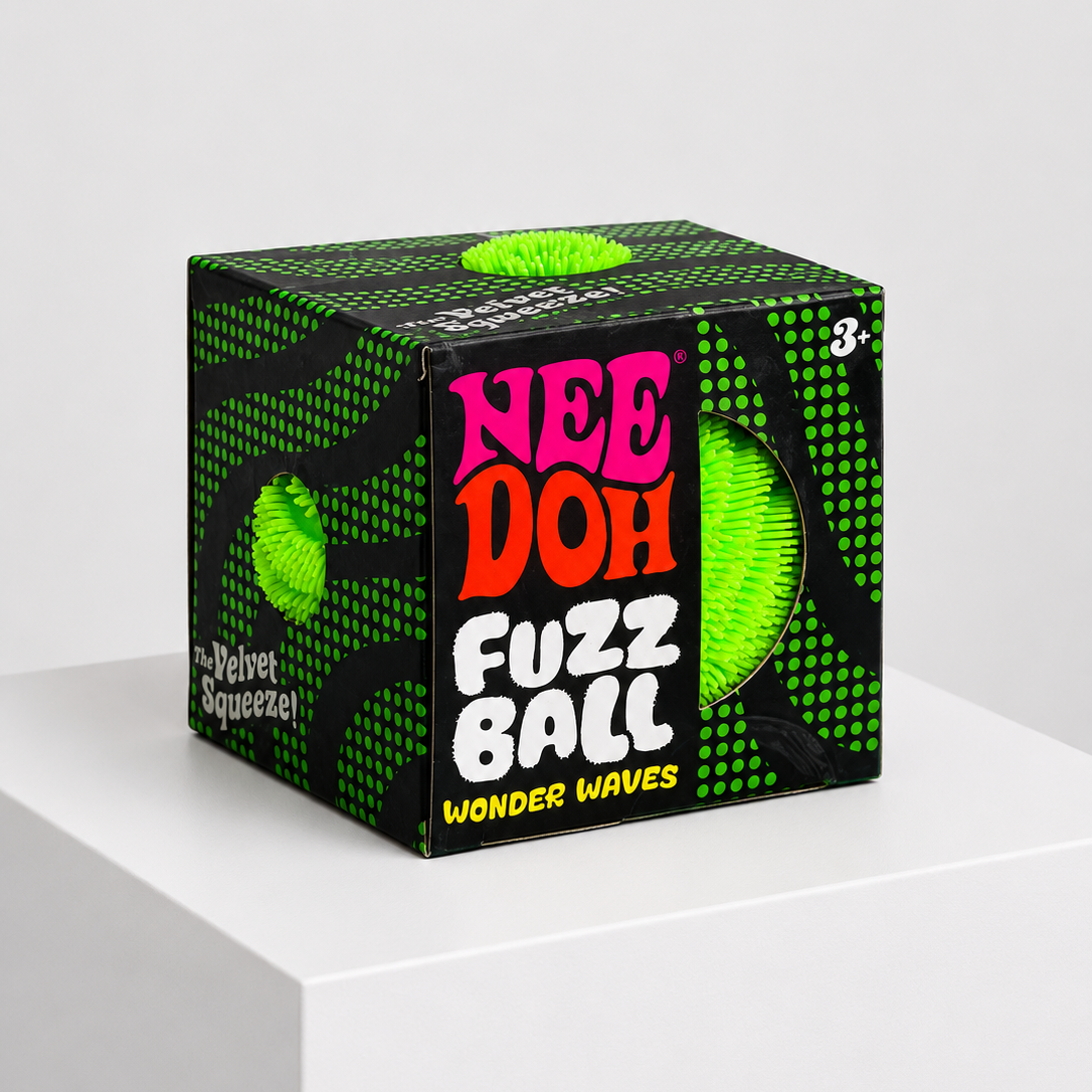 NeeDoh Fuzz Ball Wonder Waves green squishy fidget toy in retail packaging.