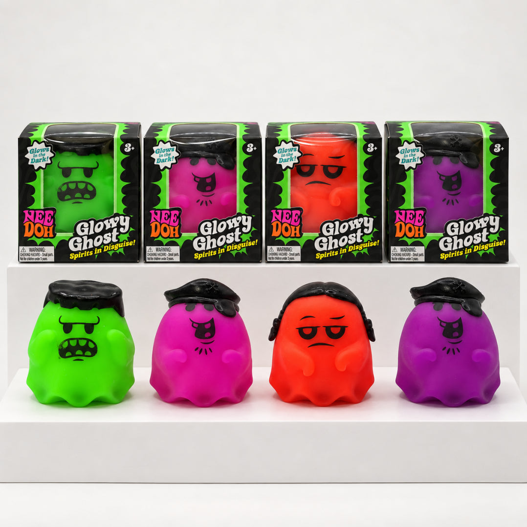 NeeDoh Glowy Ghost boxes above green, pink, orange and purple ghost squishies