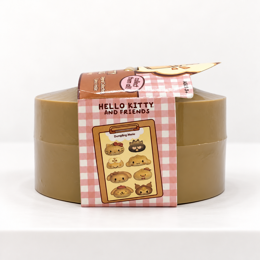 Tan Hello Kitty and Friends Mystery Dumpling container showing pink side label