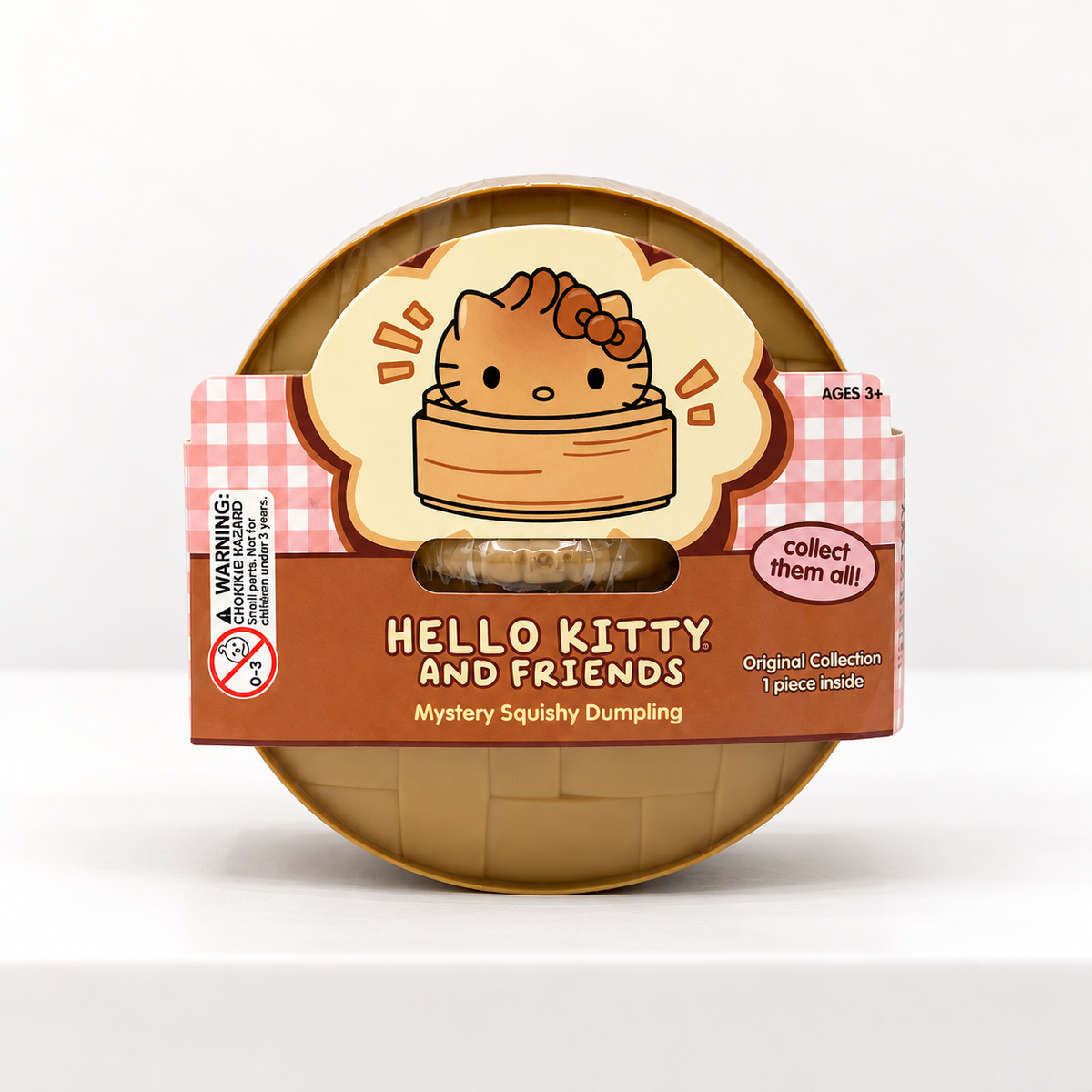 Tan Hello Kitty and Friends Mystery Dumpling container with illustrated front label