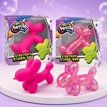 Irre-Squish-tible B'loon Dog packages with Pink and Glitter Pink balloon dog toys