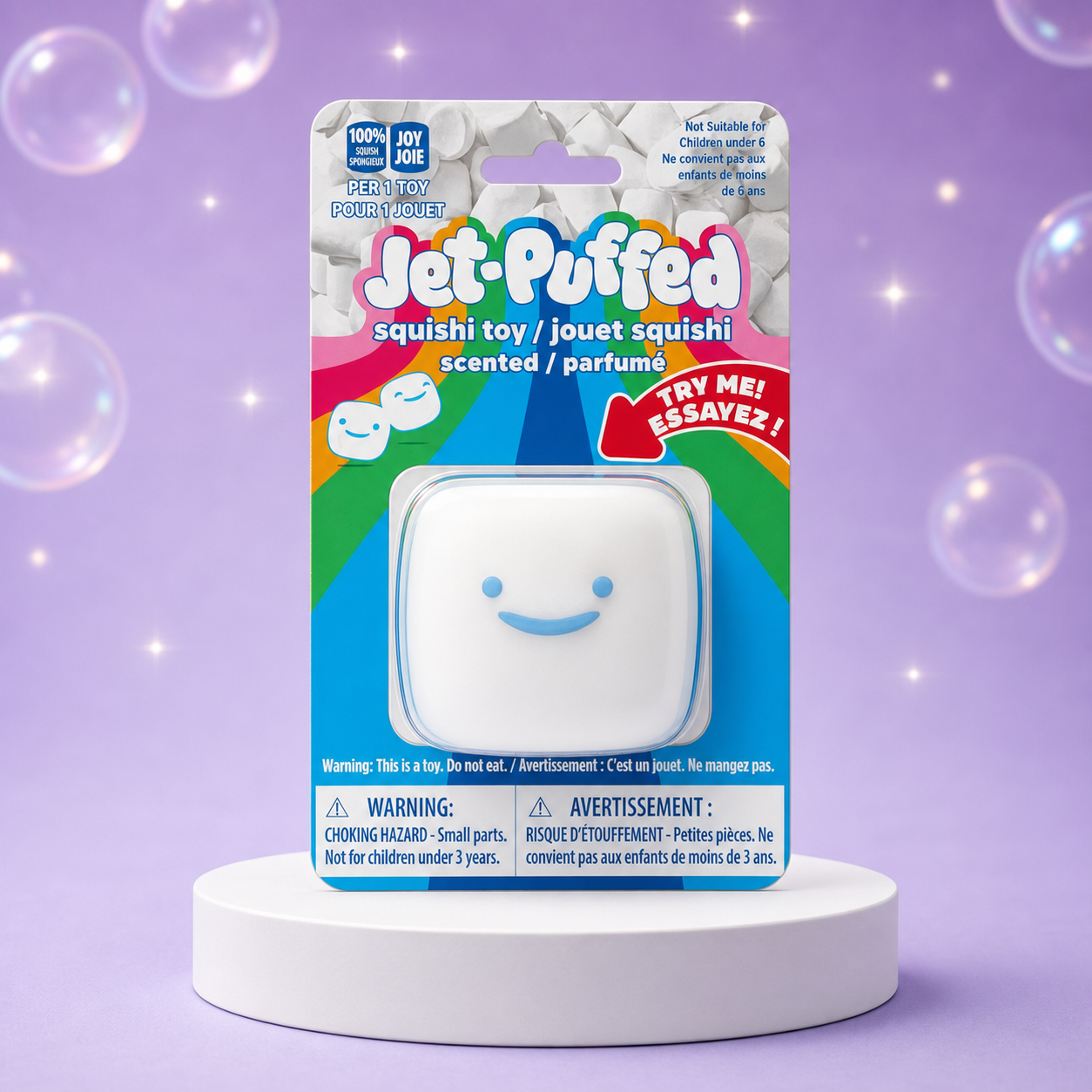 Jet-Puffed scented marshmallow Squishi toy in rainbow blister packaging