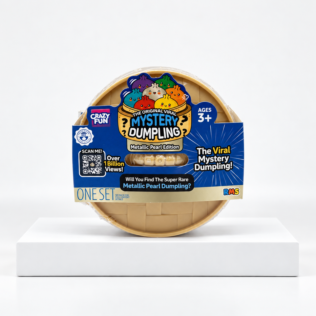 Tan Mystery Dumpling metallic-edition container with blue front label