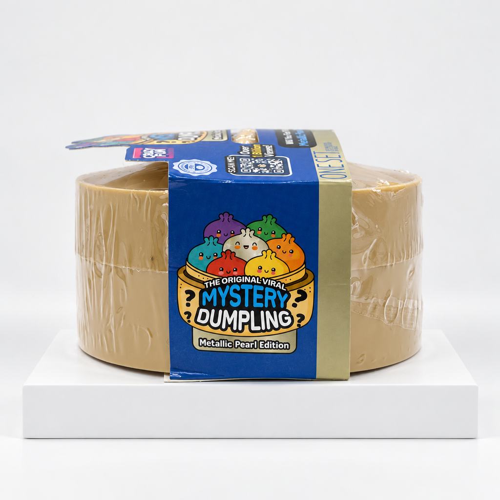 Tan Mystery Dumpling metallic-edition container showing blue side wrap