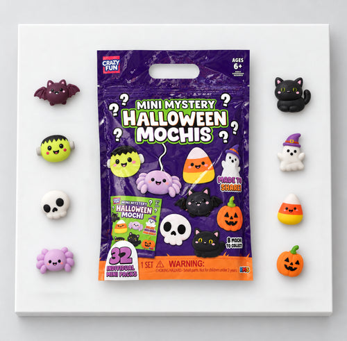 Crazy Fun Mini Mystery Halloween Mochis pack beside Halloween character examples