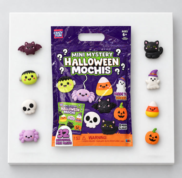 Crazy Fun Mini Mystery Halloween Mochis pack beside Halloween character examples