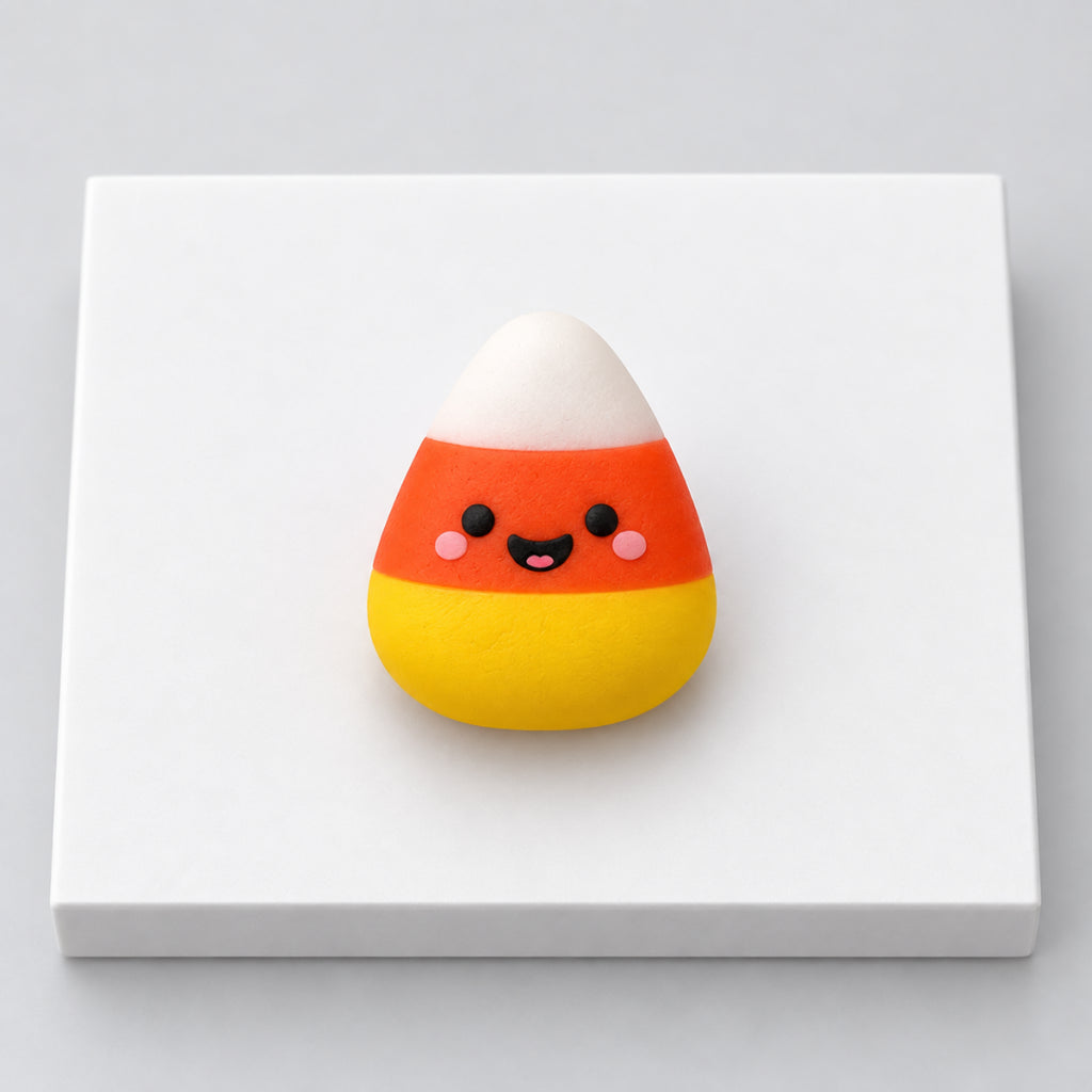 Smiling orange, white and yellow candy corn Halloween mochi