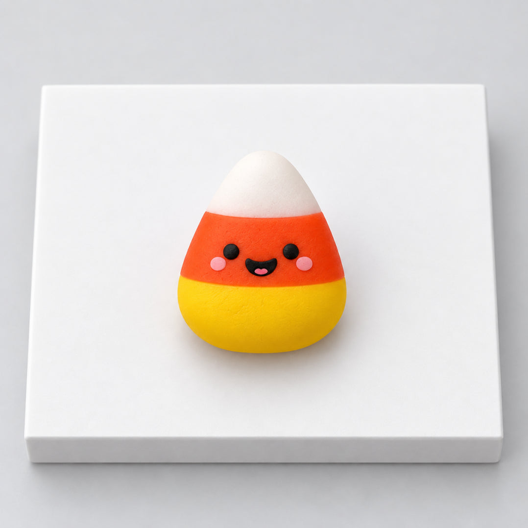 Smiling orange, white and yellow candy corn Halloween mochi