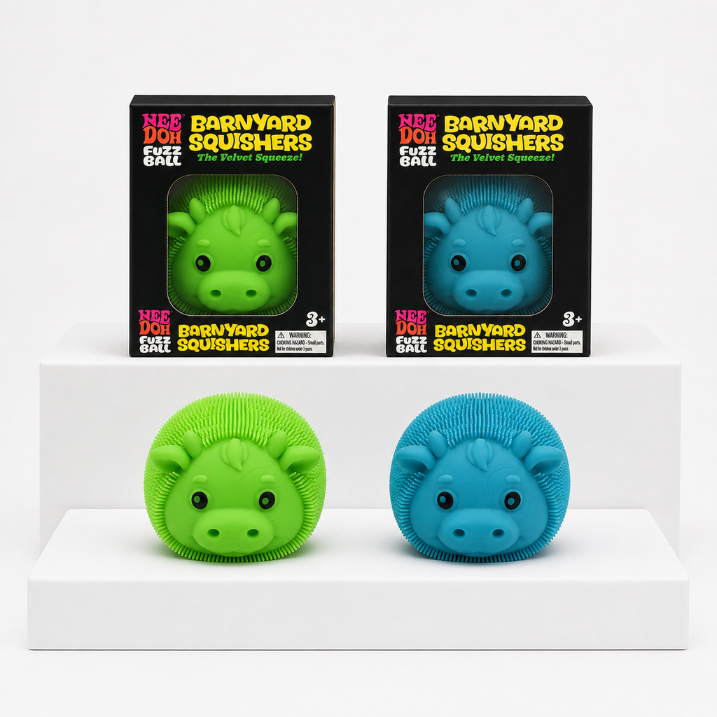 NeeDoh Barnyard Squisher blue and green package and product hero