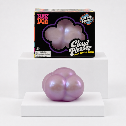 NeeDoh Cloud Pleaser package and pearlescent lavender cloud squishy toy