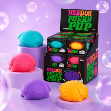 Squish Planet NeeDoh Funky Pup squishy fidget toys in blue, pink, purple, and orange on display stands.