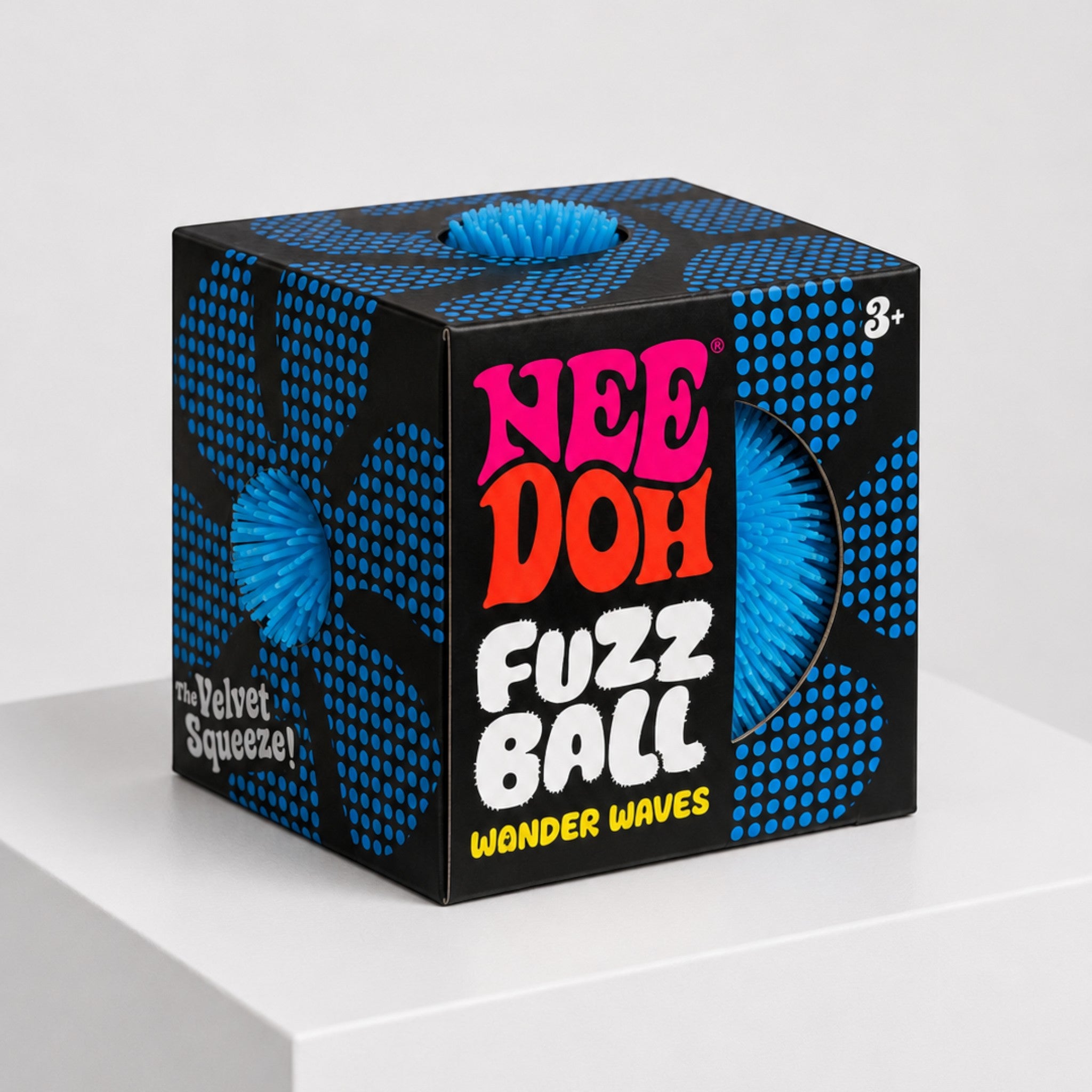 Squish Planet NeeDoh Fuzz Ball blue velvet squeeze fidget toy in black branded packaging box