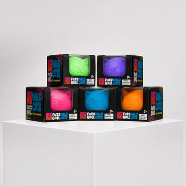 Squish Planet NeeDoh Fuzz Ball Wild Cats squishy fidget toys in green, purple, pink, blue, and orange boxes.