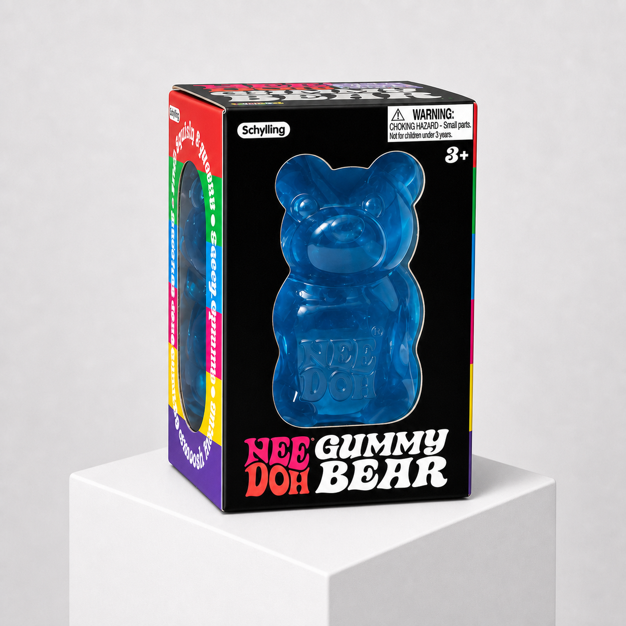 NeeDoh Gummy Bear blue squishy fidget toy in complete retail packaging, centered studio view.