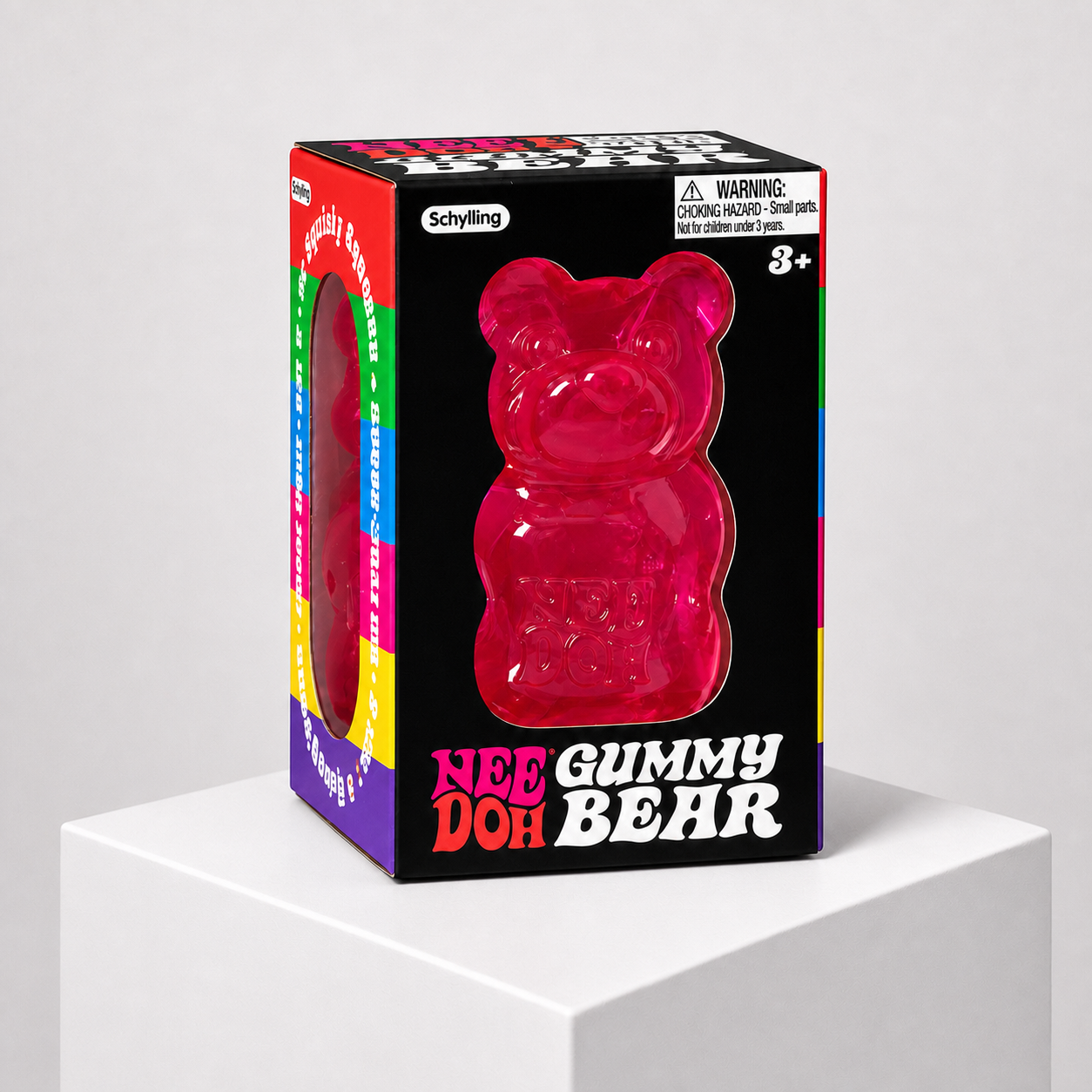 NeeDoh Gummy Bear pink squishy fidget toy in complete retail packaging, centered studio view.