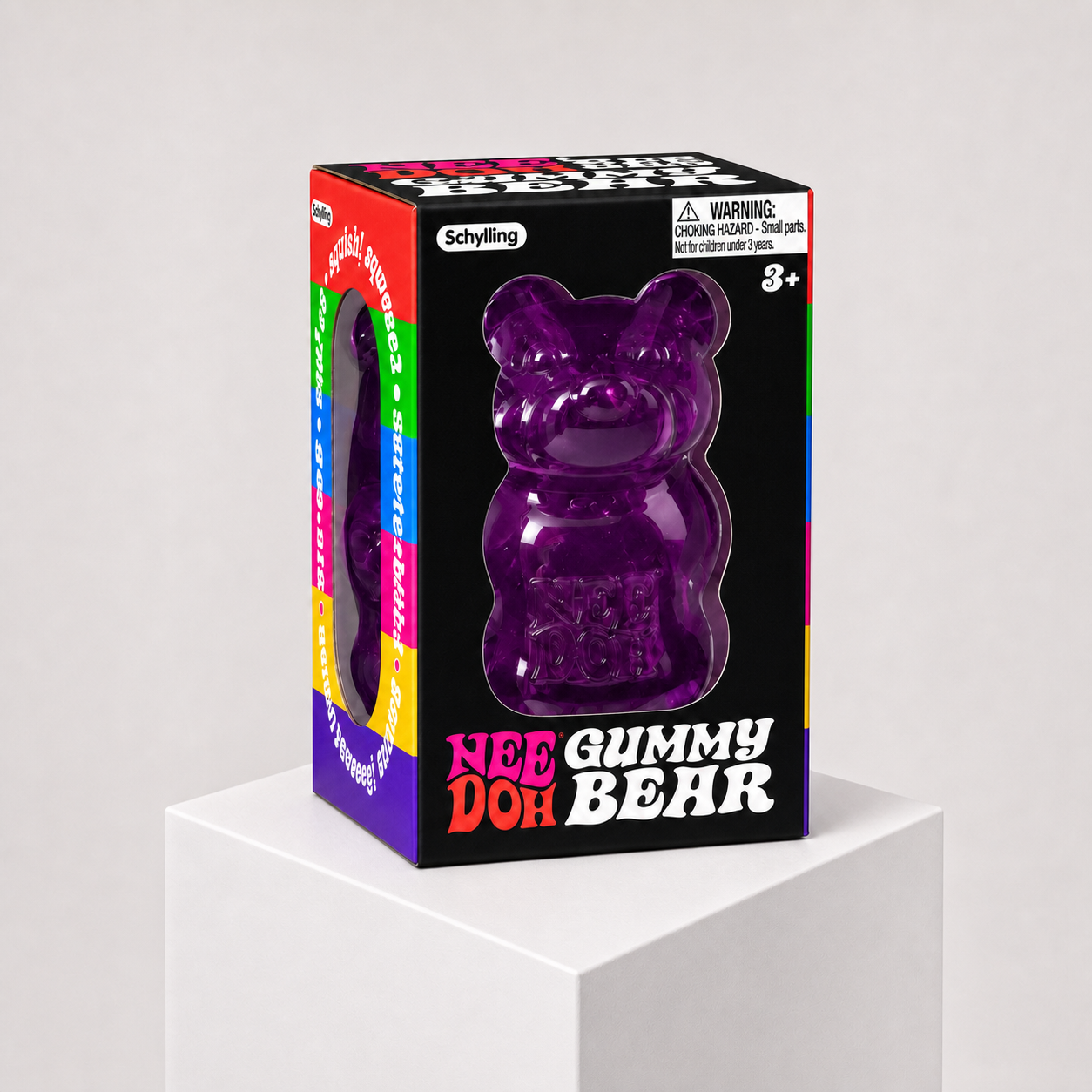 NeeDoh Gummy Bear purple squishy fidget toy in complete retail packaging, centered studio view.