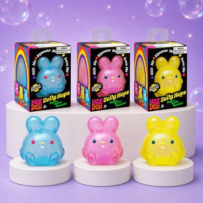 NeeDoh Jelly Hops scented bunny boxes with yellow pink and blue squishies