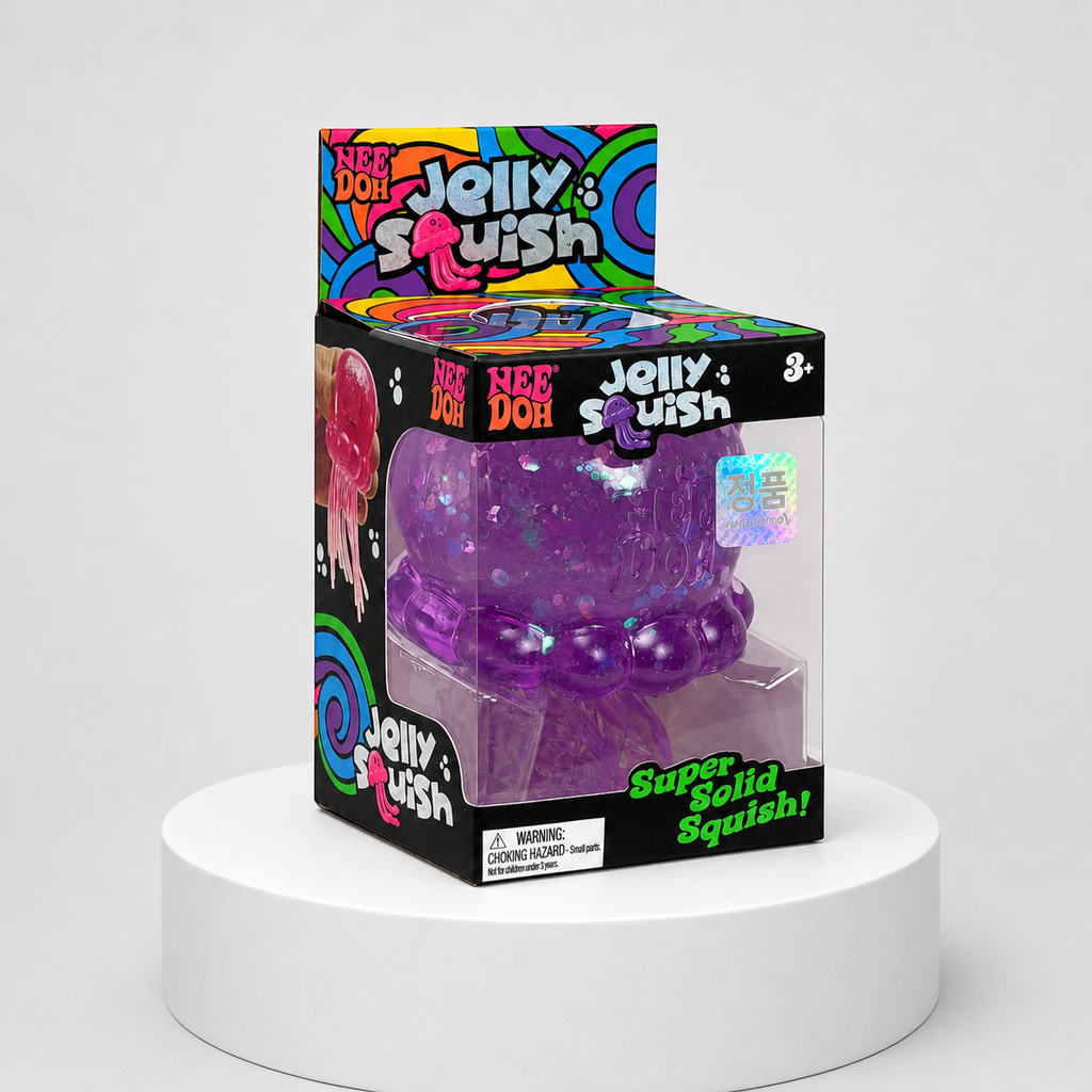 NeeDoh JellySquish purple glitter jellyfish squishy fidget toy in complete retail packaging, centered studio view.