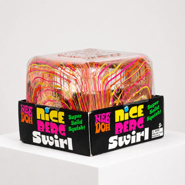 Squish Planet NeeDoh Jumbo Swirl Nice Berg fidget toy in its black display box with multicolor swirl design.