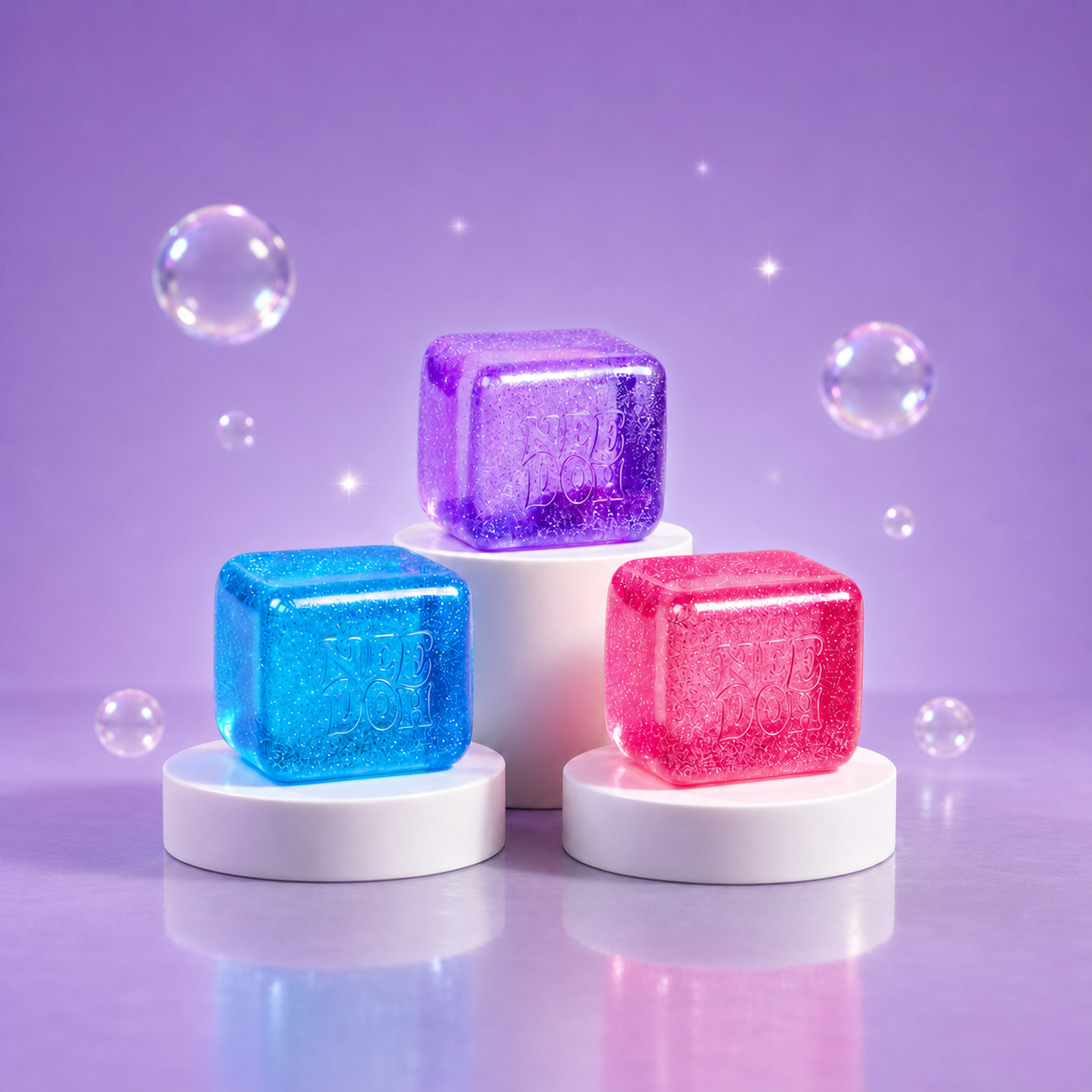 NeeDoh Nice Cube Glitter and Glow blue, pink, and purple squishy fidget cubes on a Squish Planet purple display.