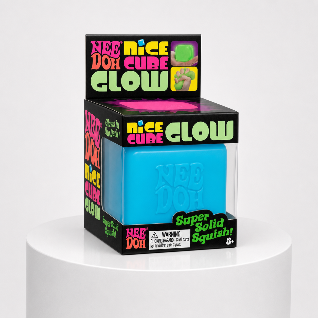 NeeDoh Nice Cube Glow blue squishy fidget toy in retail packaging, angled view.