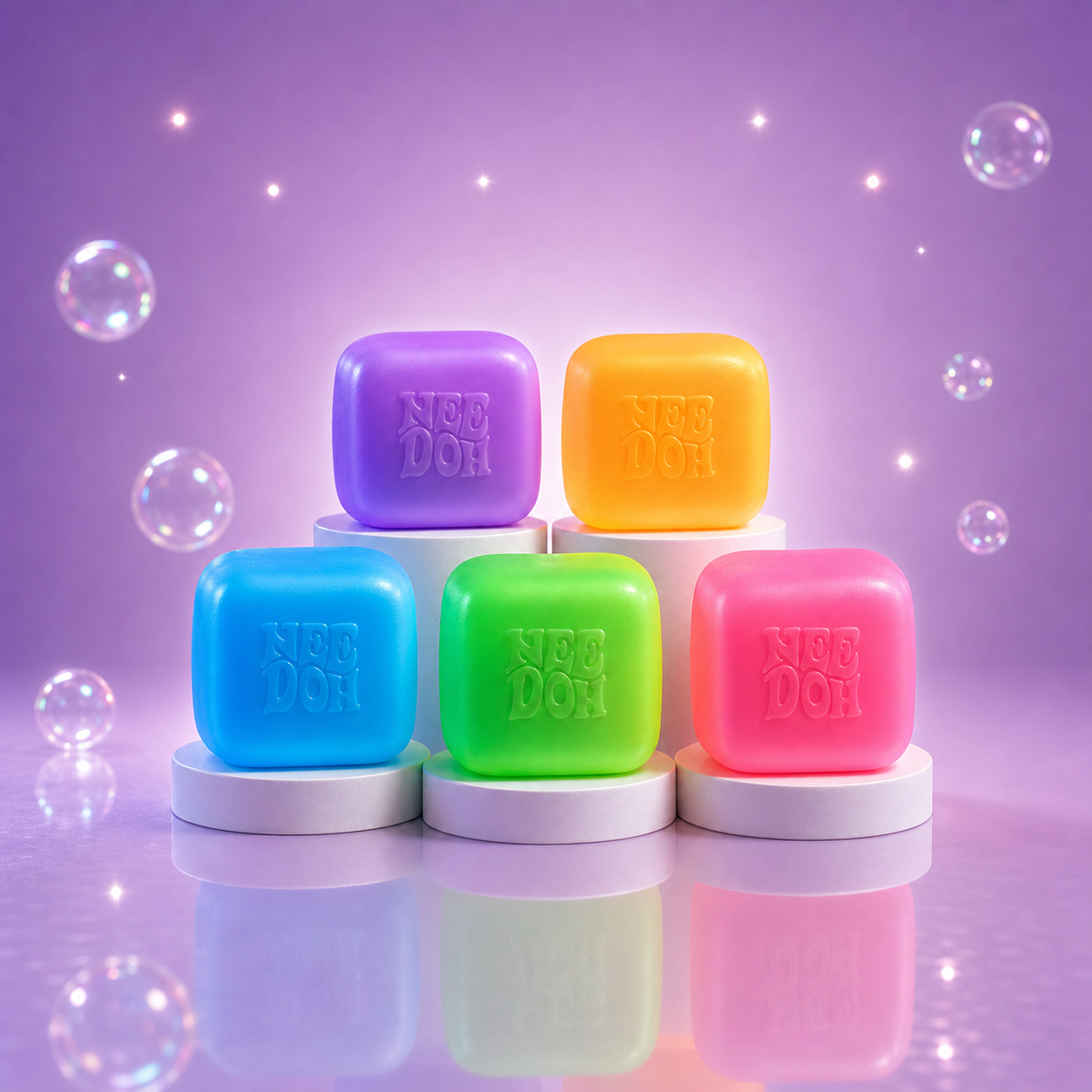 NeeDoh Nice Cube Glow blue, green, purple, yellow, and pink squishy fidget cubes on a Squish Planet purple display.