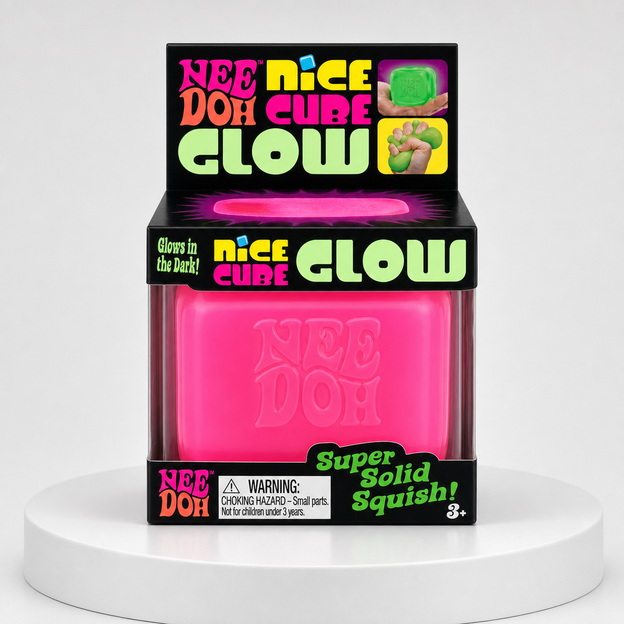 NeeDoh Nice Cube Glow pink squishy fidget toy in retail packaging, front view.