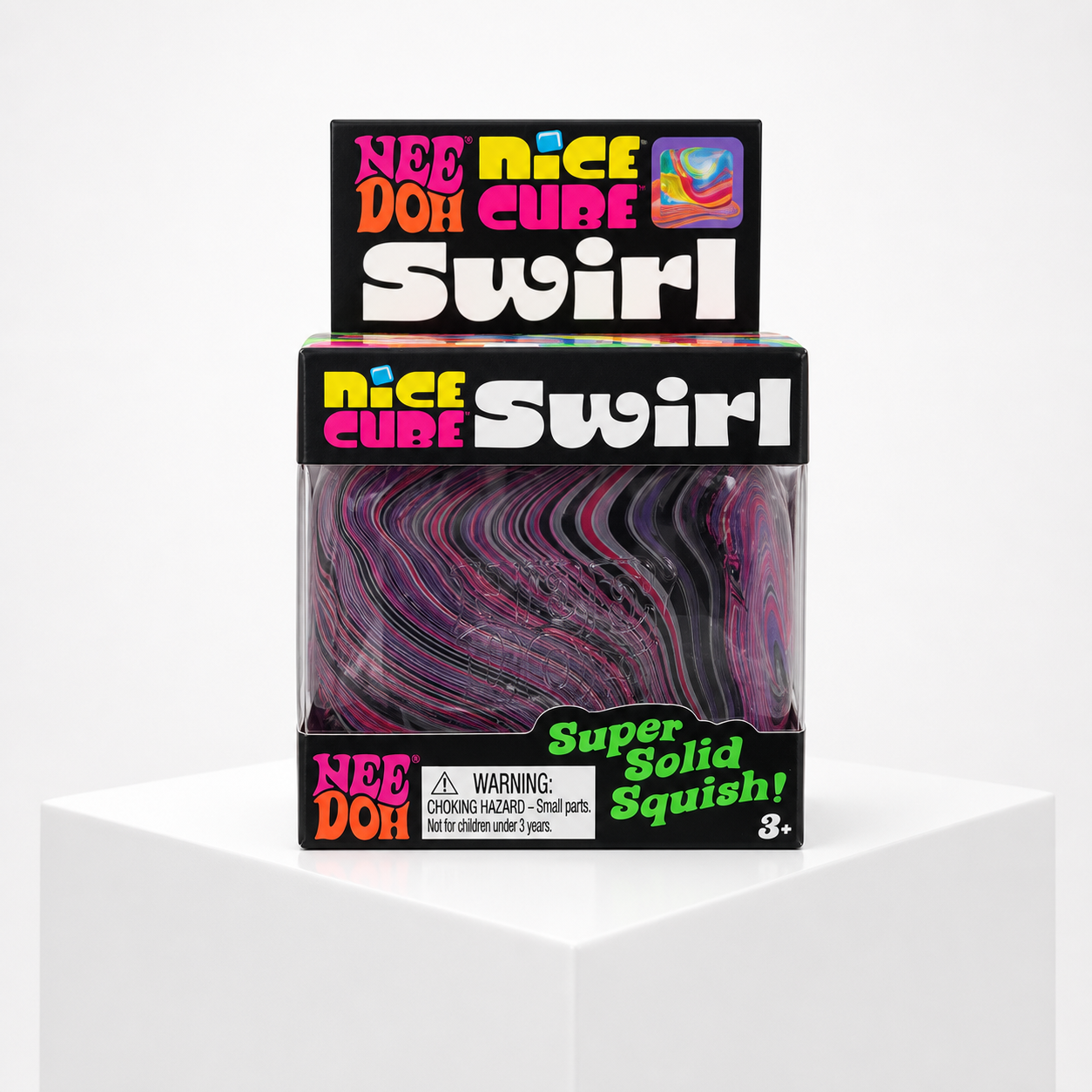NeeDoh Nice Cube Swirl black, pink, and purple marbled squishy fidget toy in black retail packaging.