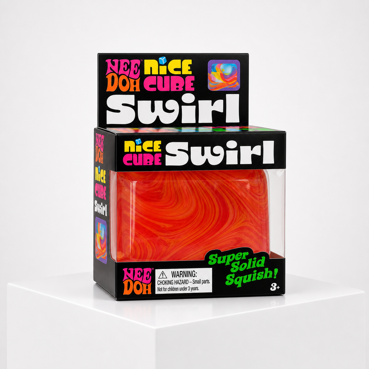 NeeDoh Nice Cube Swirl orange and red marbled squishy fidget toy in black retail packaging.
