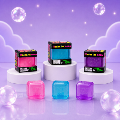 NeeDoh Nice Ice Baby pink, blue, and purple squishy fidget cubes with matching packaging on a Squish Planet purple display.