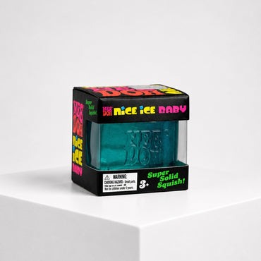 Squish Planet NeeDoh Nice Ice Baby blue cube fidget toy in its branded display box on a white pedestal.