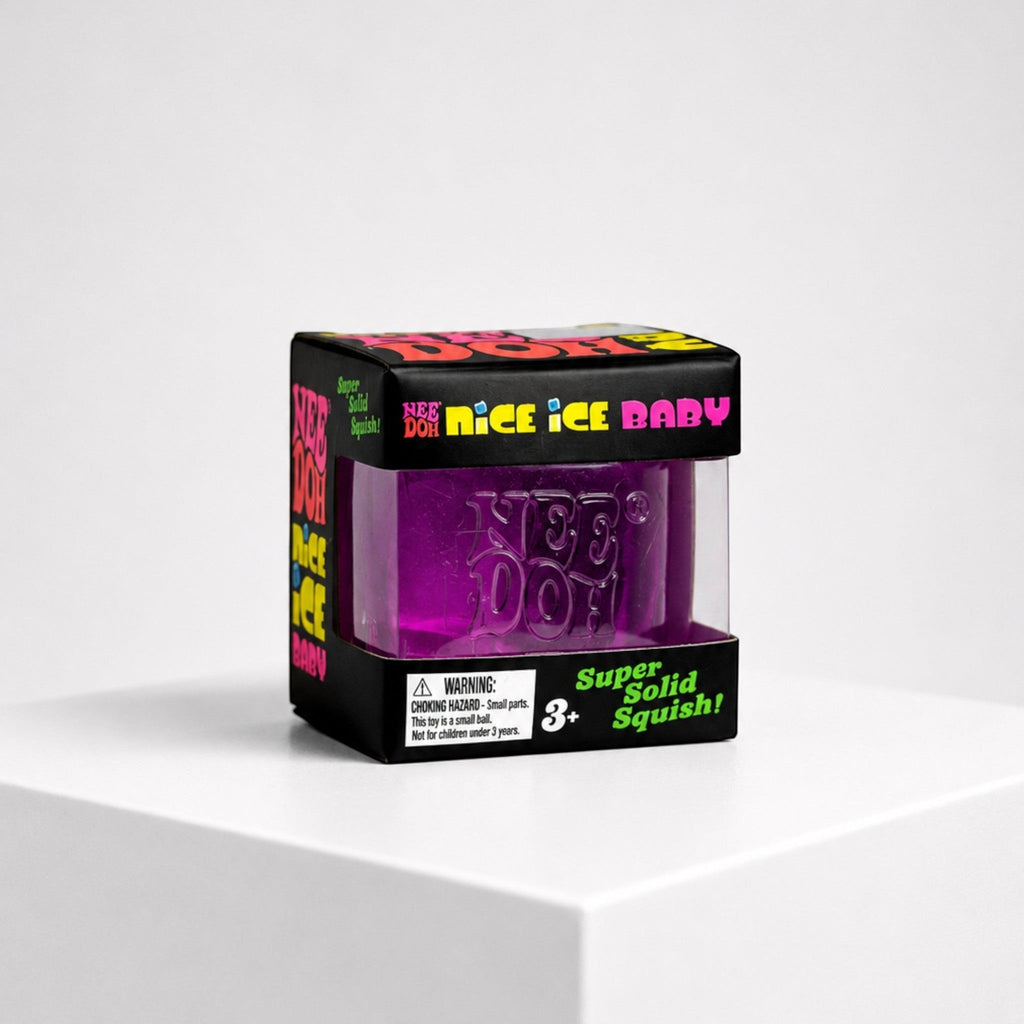 Squish Planet NeeDoh Nice Ice Baby purple squishy cube fidget toy in its black retail packaging box