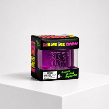 Squish Planet NeeDoh Nice Ice Baby purple squishy cube fidget toy in its black retail packaging box