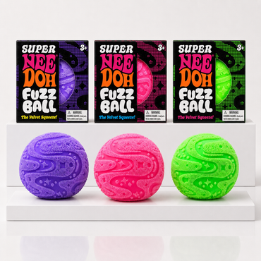NeeDoh Super Fuzzball toys in purple, pink and green with matching packaging