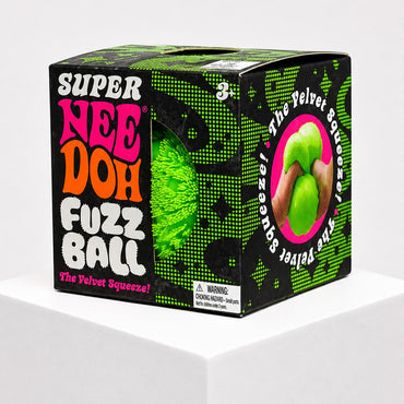 Squish Planet NeeDoh Super Fuzzball neon green textured squishy fidget toy in its branded display box