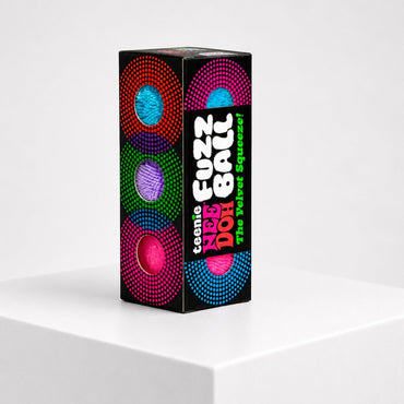 Squish Planet NeeDoh Teenie Fuzz Ball 3-pack in a black box with bright blue, purple, and pink fuzzy fidget toys.