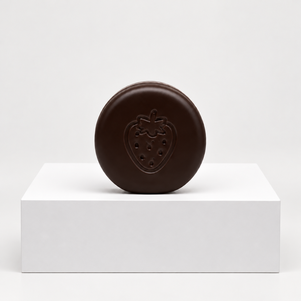 Brown round Nunu strawberry-chocolate toy with embossed strawberry, front view