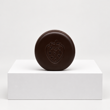 Brown round Nunu strawberry-chocolate toy with embossed strawberry, front view